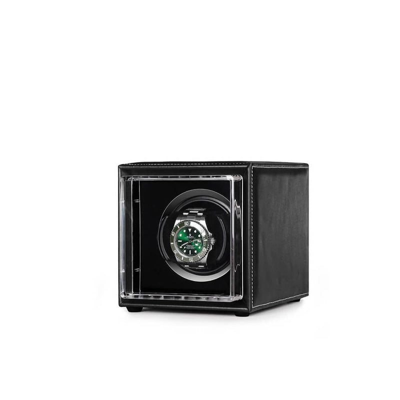 Single Watch Winder Black Leather White Stitching Mains or Battery by Aevitas