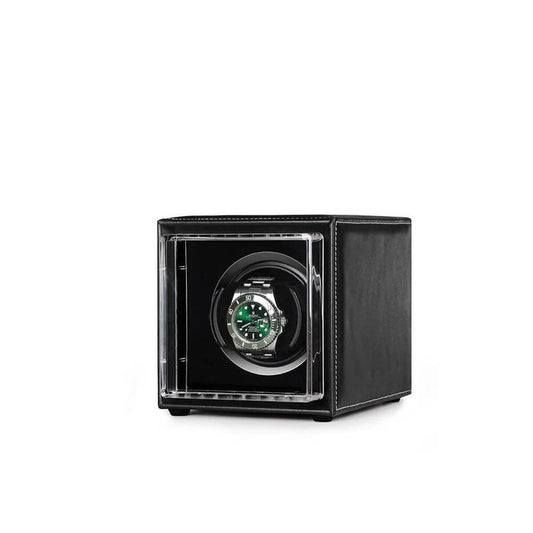 Single Watch Winder Black Leather White Stitching Mains or Battery by Aevitas