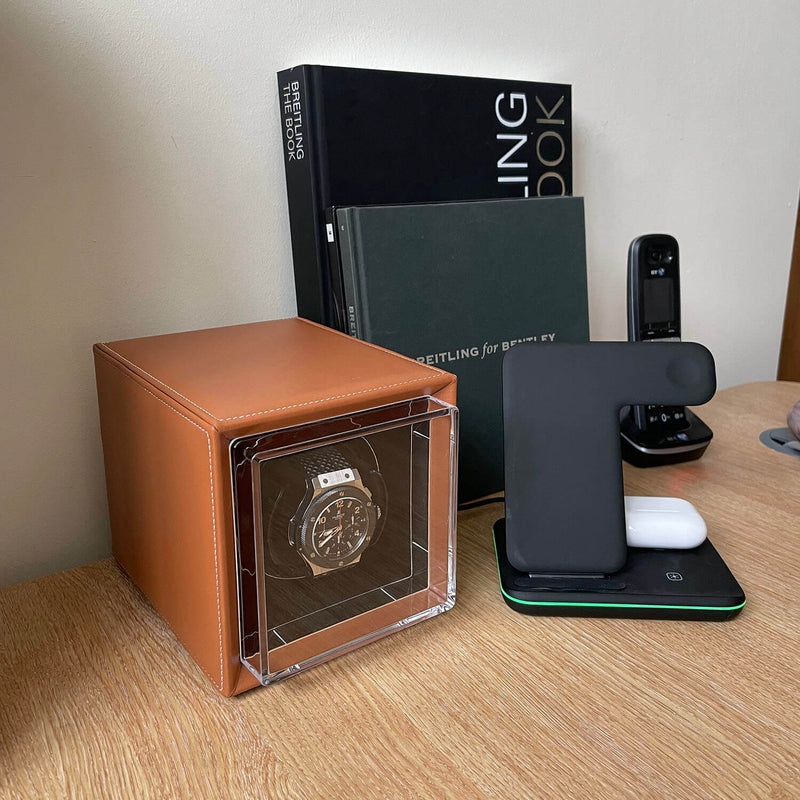 Single Watch Winder Brown Leather White Stitching Mains or Battery by Aevitas