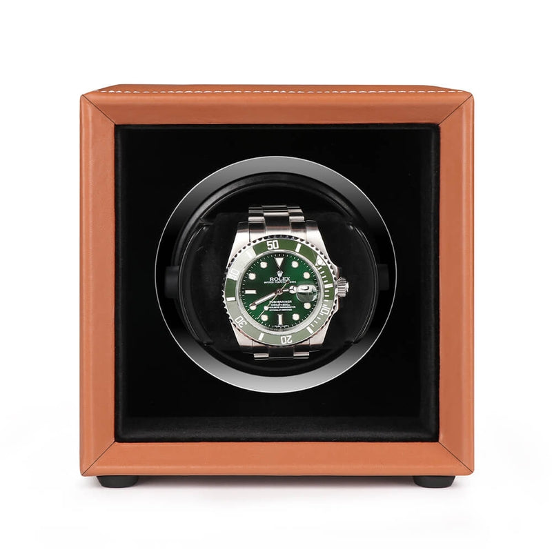 Single Watch Winder Brown Leather White Stitching Mains or Battery by Aevitas