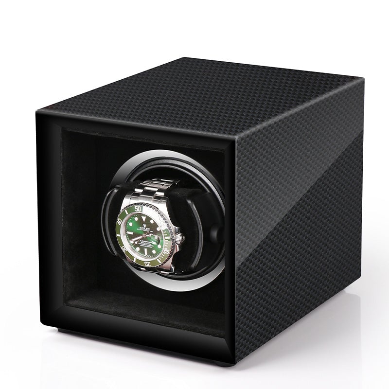 Single Watch Winder Carbon Fibre finish Mains or Battery by Aevitas - Swiss Watch Store UK