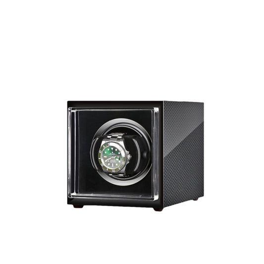 Single Watch Winder Carbon Fibre finish Mains or Battery by Aevitas - Swiss Watch Store UK
