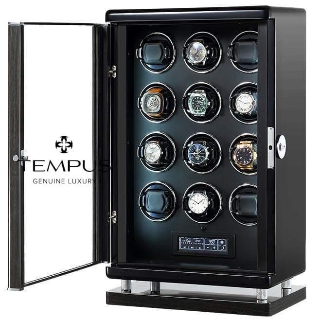 Tempus Watch Winder for 12 Watches Piano Black Finish with Finger Print Access - Swiss Watch Store UK
