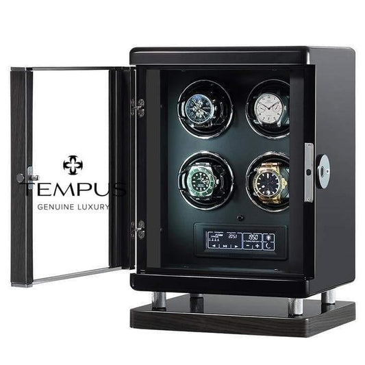 Tempus Watch Winder for 4 Watches Piano Black Finish with Finger Print Access