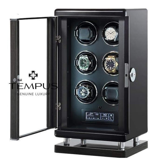 Tempus Watch Winder for 6 Watches Piano Black Finish with Finger Print Access - Swiss Watch Store UK