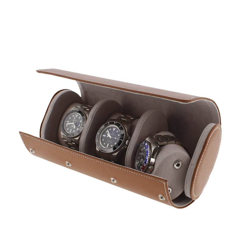 Triple Watch Roll in Medium Brown Leather with Super Soft Lining - Swiss Watch Store UK