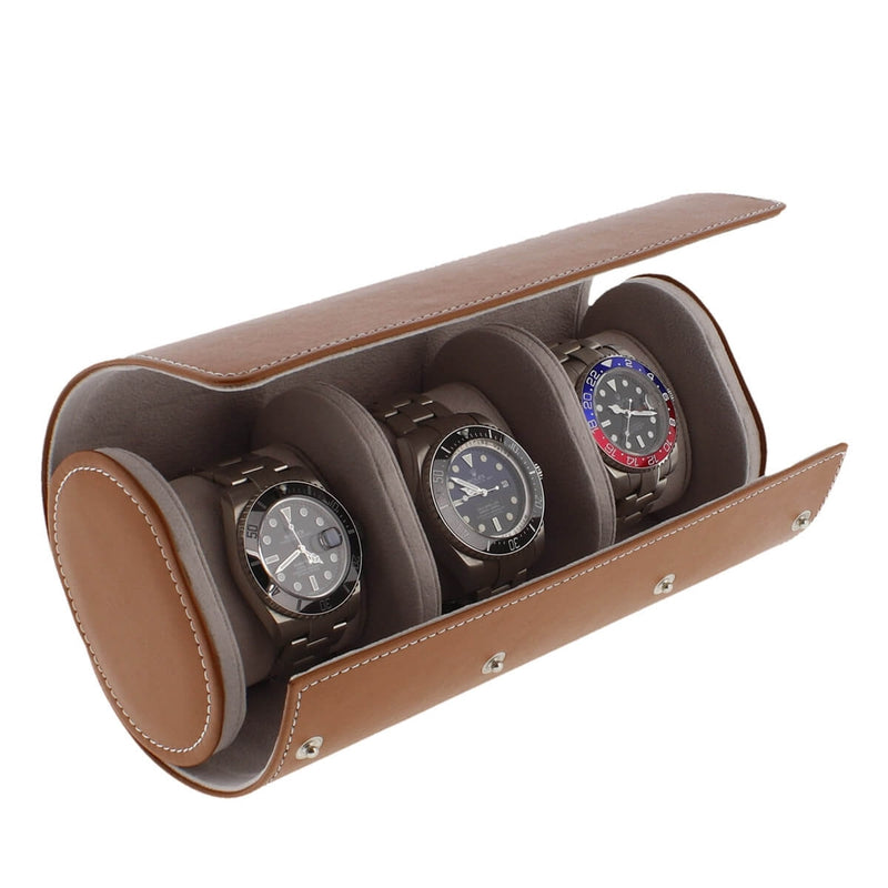 Triple Watch Roll in Medium Brown Leather with Super Soft Lining - Swiss Watch Store UK
