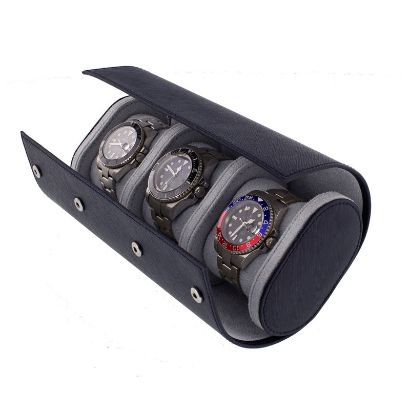 Triple Watch Roll in Navy Blue Saffiano Real Leather with Super Soft Lining - Swiss Watch Store UK