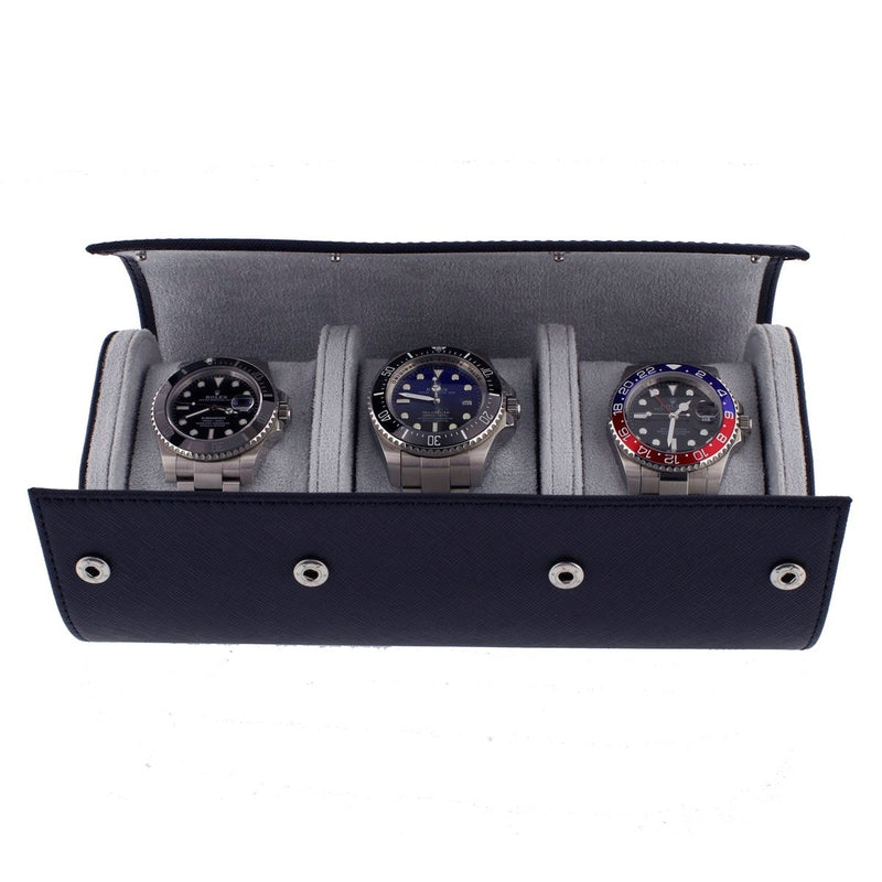 Triple Watch Roll in Navy Blue Saffiano Real Leather with Super Soft Lining - Swiss Watch Store UK