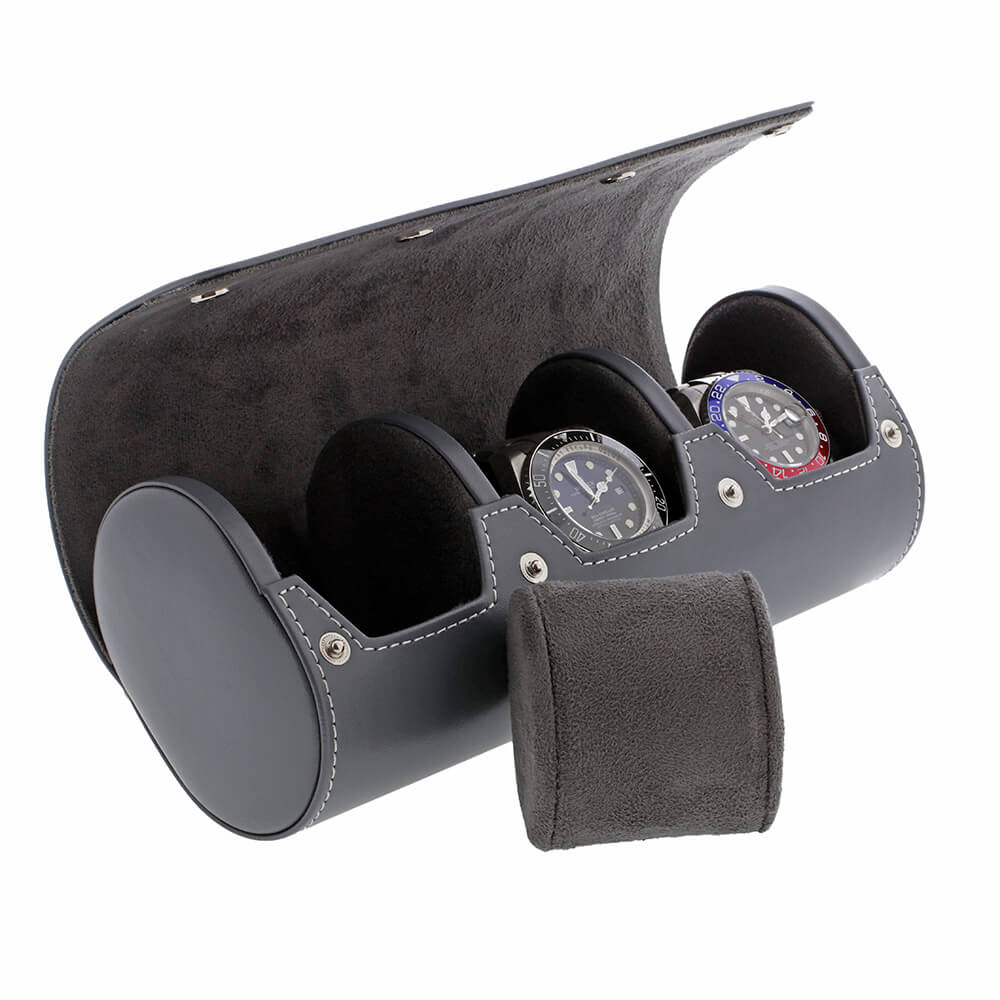 Triple Watch Roll in Smooth Grey Leather with Super Soft Lining - Swiss Watch Store UK