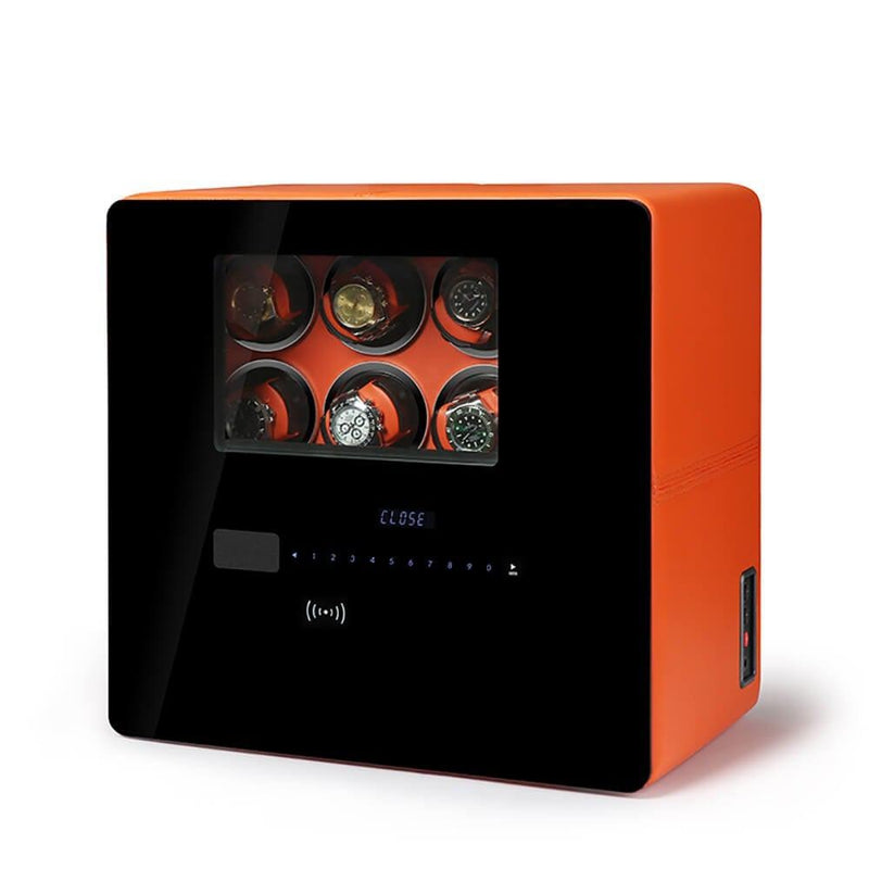 Watch Winder Safe in Orange Leather for 8 Watches by Aevitas - Swiss Watch Store UK